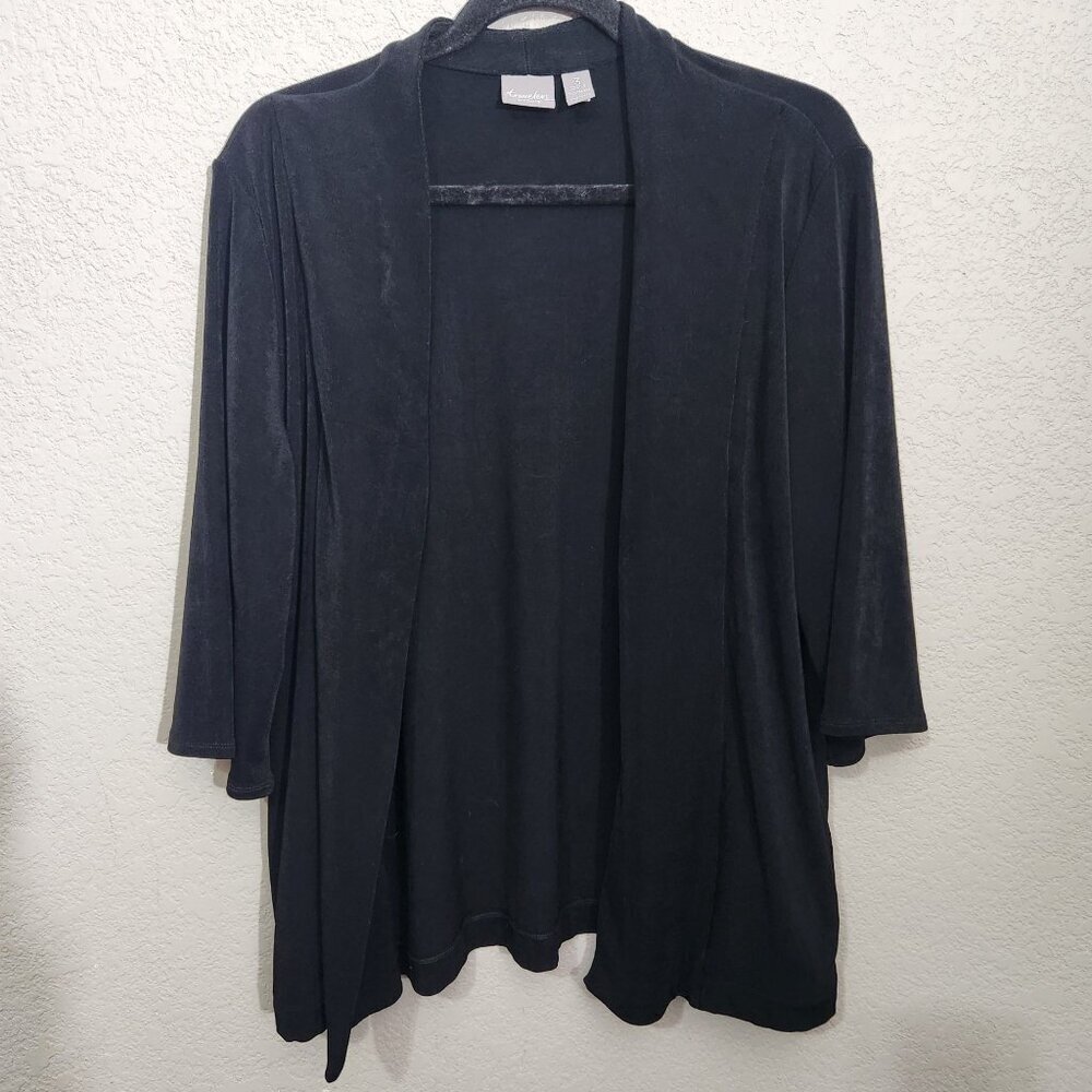 Chicos Travelers Black Open Front Cardigan Drape Style 3/4 Sleeve Size 3 Acetate